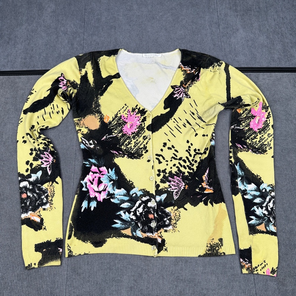 Max & Jenny Yellow Floral Print V-Neck Button Front Cardigan Y2k Sweater Art